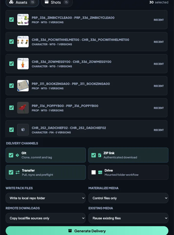 SyncPipeline selector for assets, shots and delivery channels